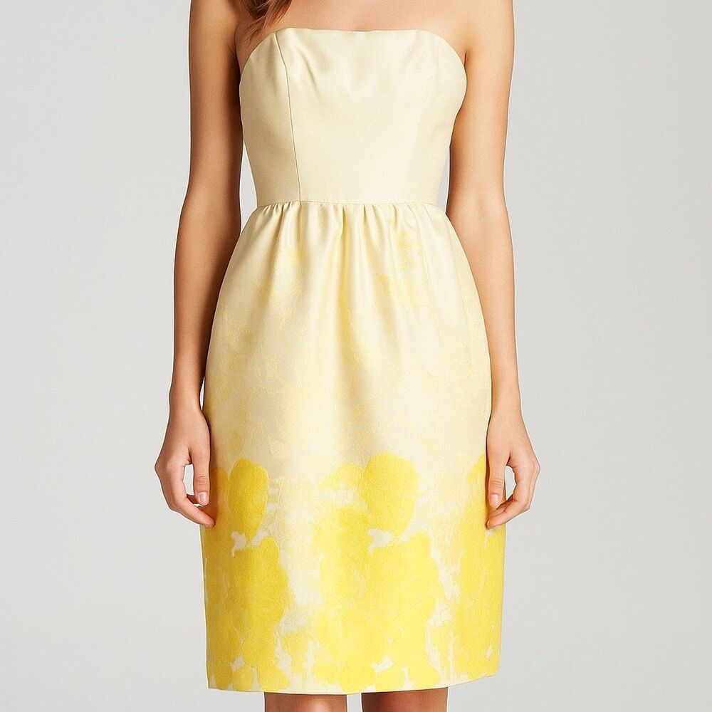Monique Lhuillier Bridesmaids Ivory Yellow Floral Brocade Strapless Mini Dress